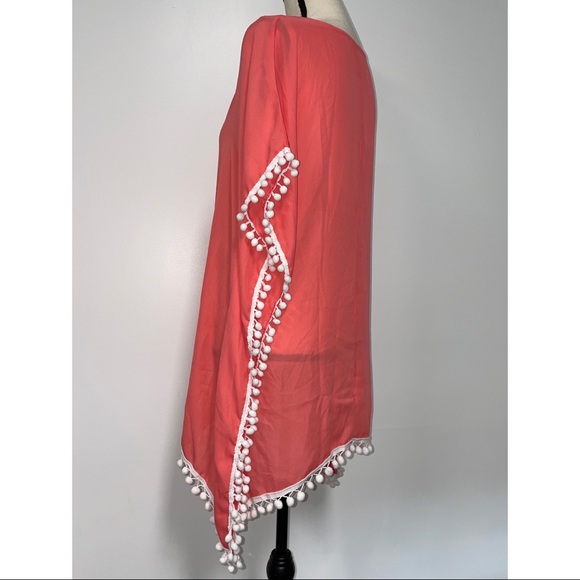 *SOLD* NWT Adreamly Chiffon Pom Pom Swimsuit Cover Up Sheer Coral Size S - Picture 4 of 5